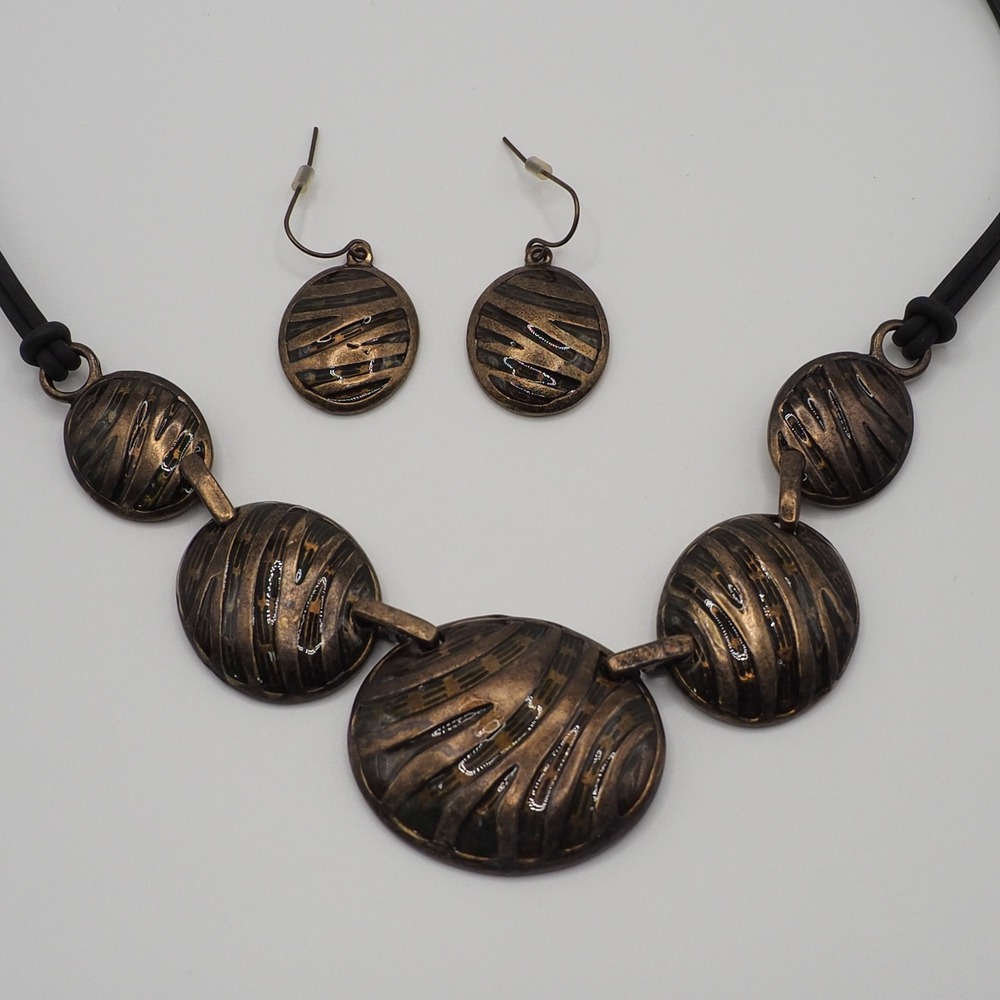 Artisan Necklace Earrings Set Bronze Tone Enamel Graduated Disc Medallion Bib